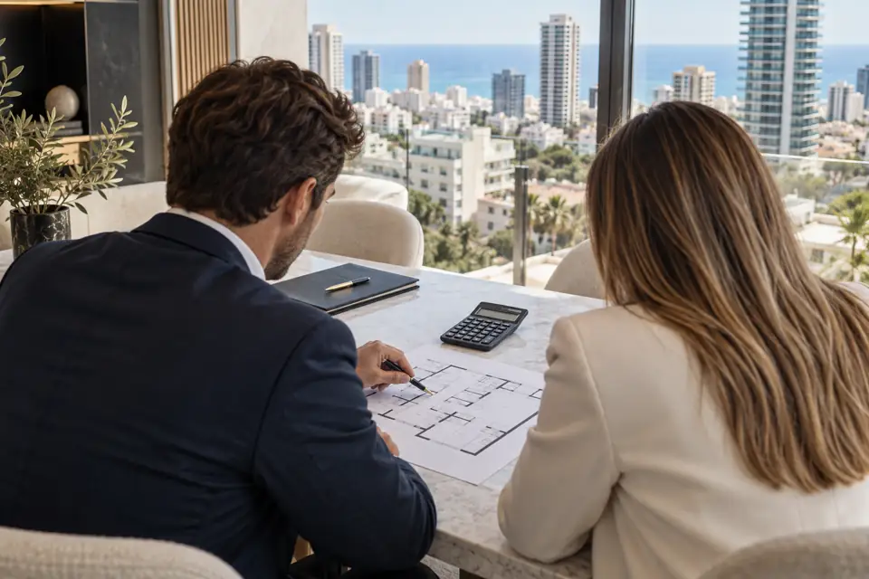 Conseiller et acquéreur préparant le financement d'un appartement en Israël
